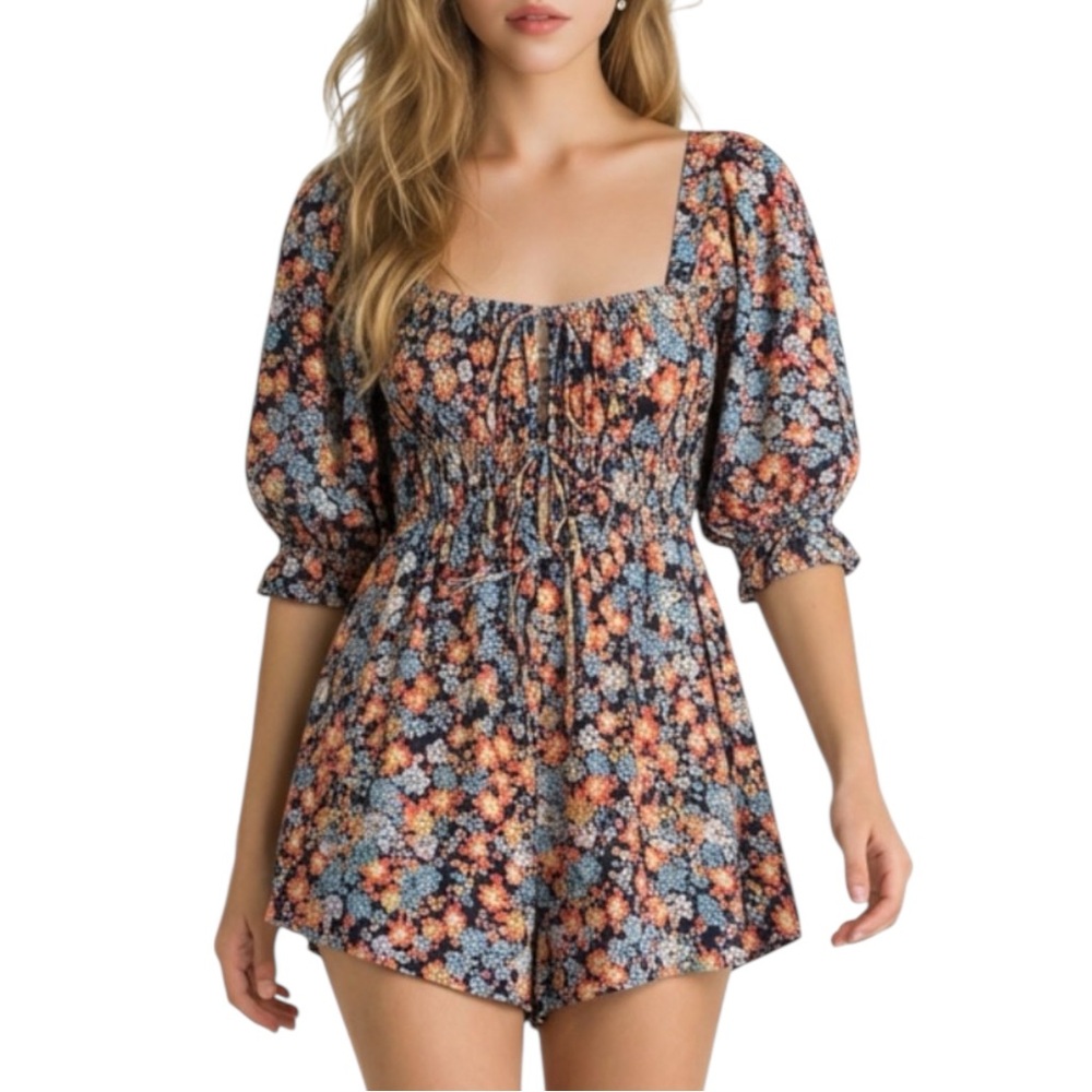 Free People Show Me Love Floral Puff Ruffle Sleeve Tassel Linen Blend Romper